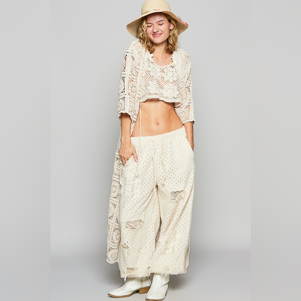 542. POL Maxi Tan Cream Crochet Cardigan long open flowy bohemian boho POL - Picture 5 of 6